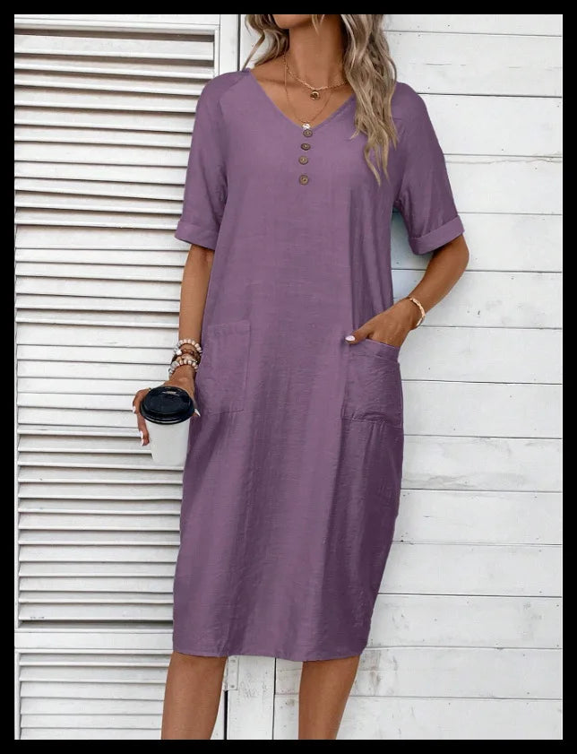 Cotton Linen Casual Women's Dresses 2026 Spring/Summer Holiday Short Sleeve Solid V-neck pokect Large Swing Loose Dress