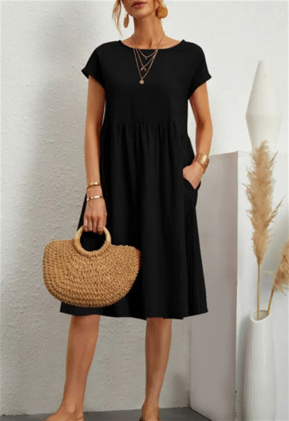 Cotton Linen Dress For Women Summer Casual Splicing Pocket Dresses Vestido Fashion Female Clothing Short Sleeve Loose Midi Dress