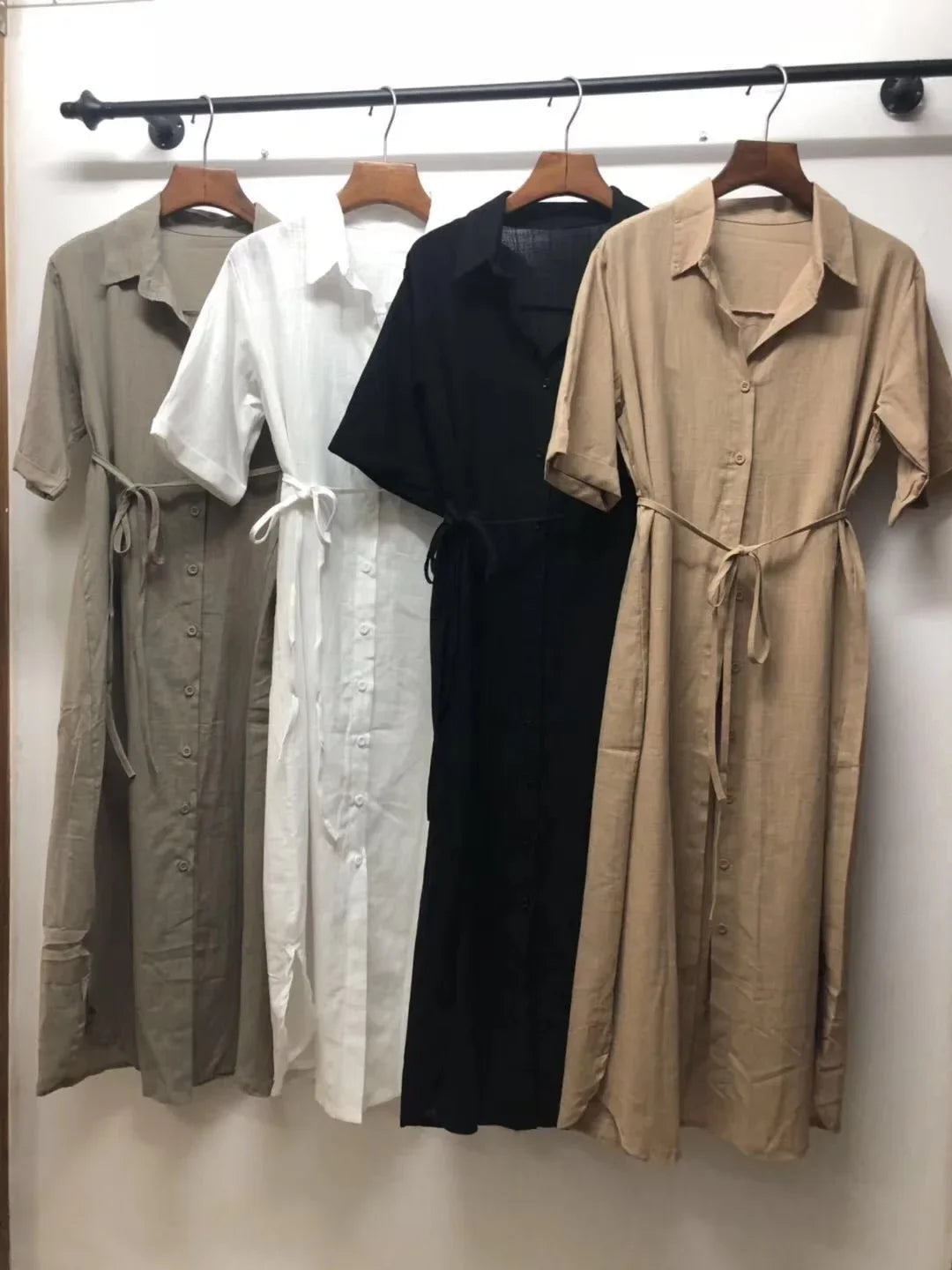 Cotton Linen Women Long Dresses Female New Fashion Loose Clothes Ladies Short Sleeve Turn down Collar Commuting Loose Cardigan