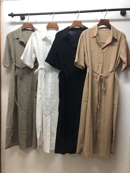 Cotton Linen Women Long Dresses Female New Fashion Loose Clothes Ladies Short Sleeve Turn down Collar Commuting Loose Cardigan