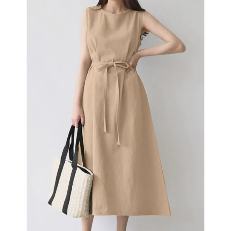 Beige Cotton Linen Belted Long Sleeveless Dress