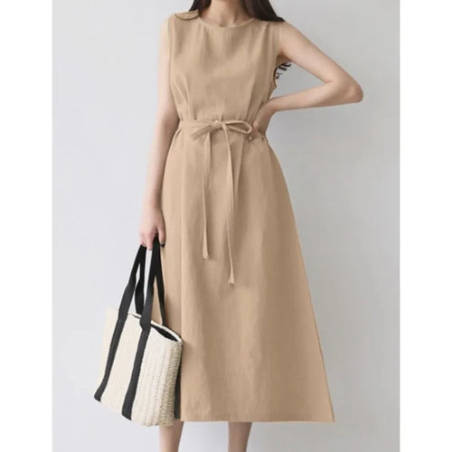 Beige Cotton Linen Belted Long Sleeveless Dress