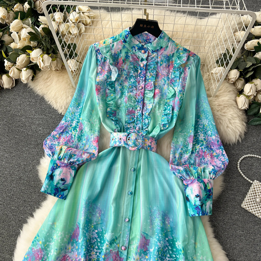 French Style Retro Fresh Print Chiffon Dress 2024 New Loose Elegant Slim Robe Stand Collar Single Breasted Long Sleeve Ropa
