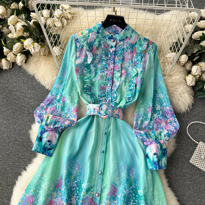 French Style Retro Fresh Print Chiffon Dress 2024 New Loose Elegant Slim Robe Stand Collar Single Breasted Long Sleeve Ropa