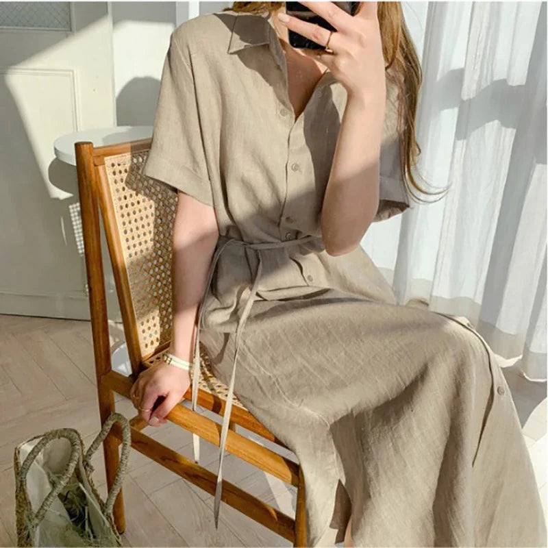Cotton Linen Women Long Dresses Female New Fashion Loose Clothes Ladies Short Sleeve Turn down Collar Commuting Loose Cardigan