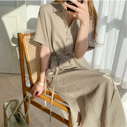 Cotton Linen Women Long Dresses Female New Fashion Loose Clothes Ladies Short Sleeve Turn down Collar Commuting Loose Cardigan