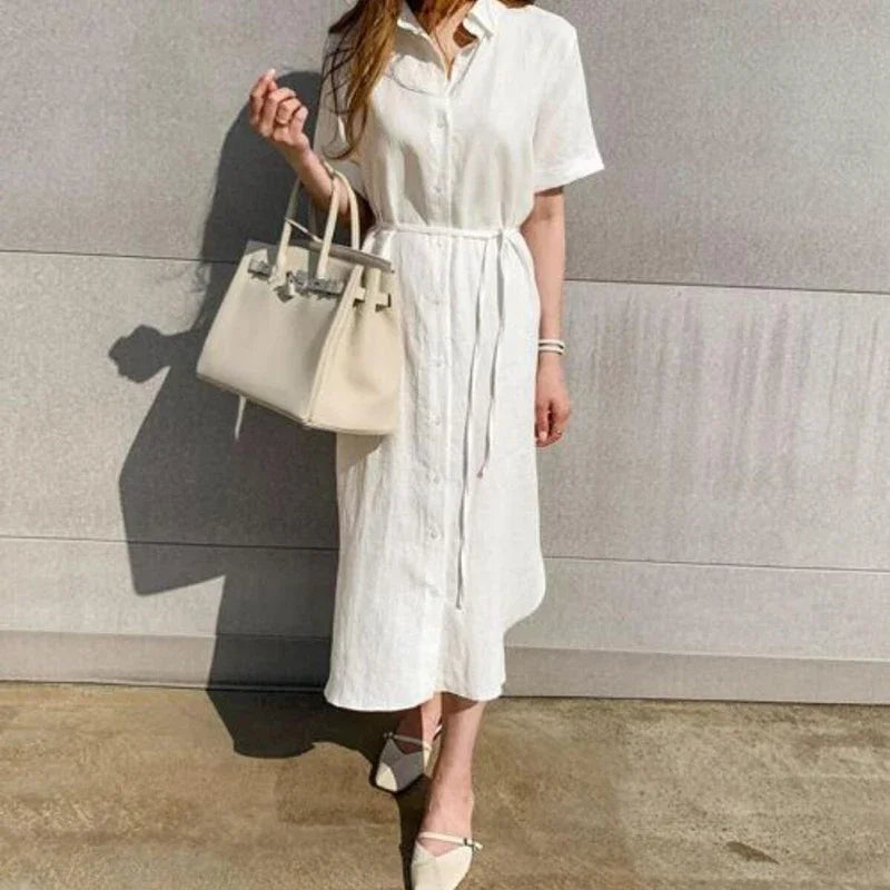 Cotton Linen Women Long Dresses Female New Fashion Loose Clothes Ladies Short Sleeve Turn down Collar Commuting Loose Cardigan