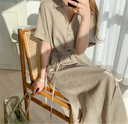 Cotton Linen Women Long Dresses Female New Fashion Loose Clothes Ladies Short Sleeve Turn down Collar Commuting Loose Cardigan