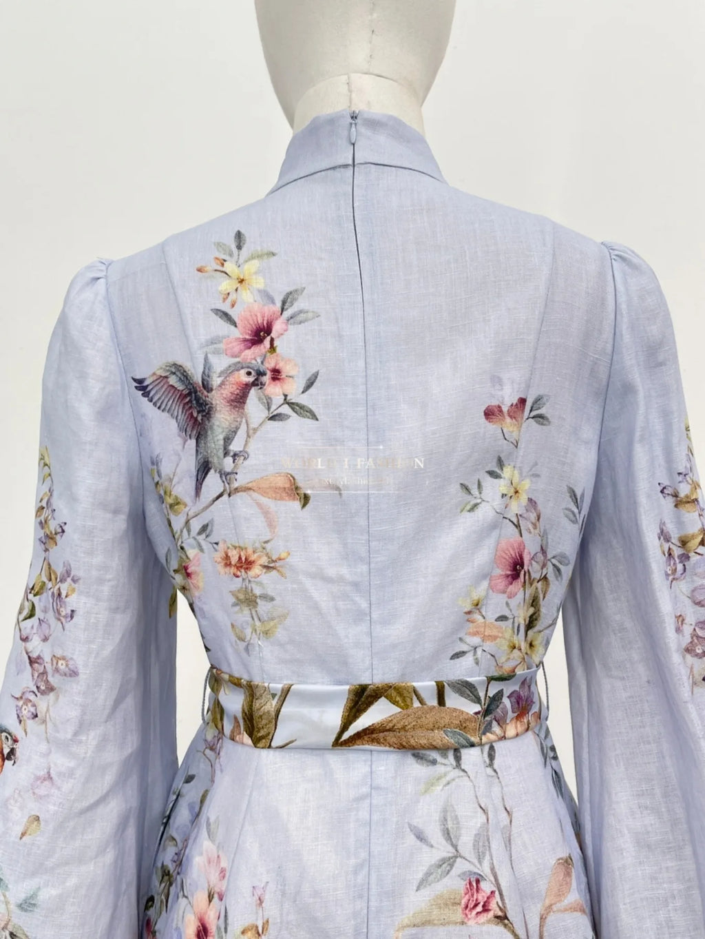 Linen Women Clothes Hight Quality Blue Floral Print Long Sleeve Self Bow Tie At Waist Mini Dress