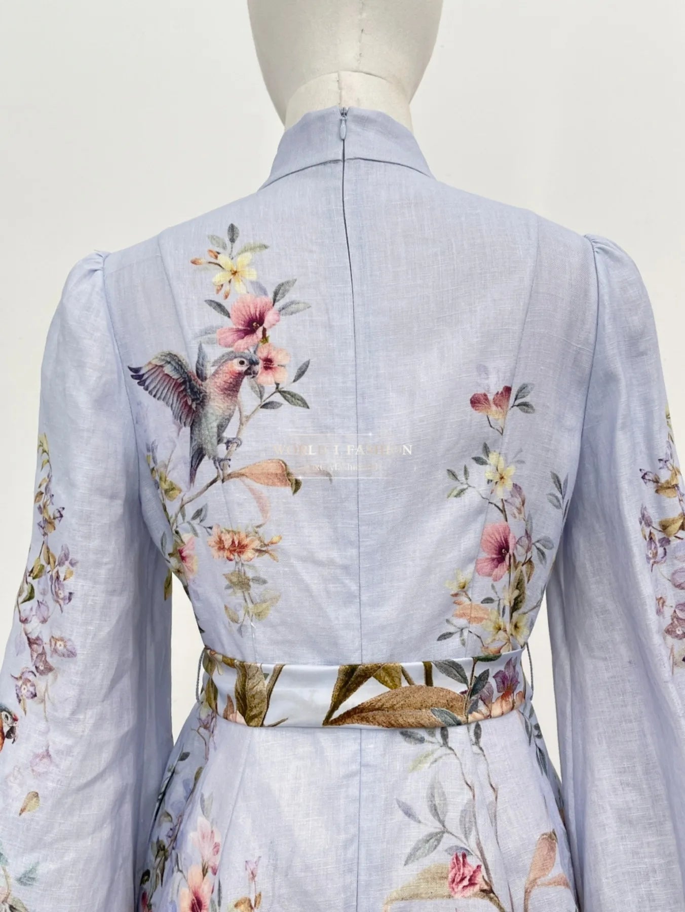 Linen Women Clothes Hight Quality Blue Floral Print Long Sleeve Self Bow Tie At Waist Mini Dress