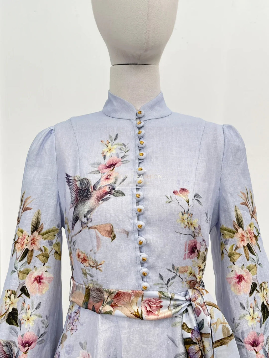 Linen Women Clothes Hight Quality Blue Floral Print Long Sleeve Self Bow Tie At Waist Mini Dress
