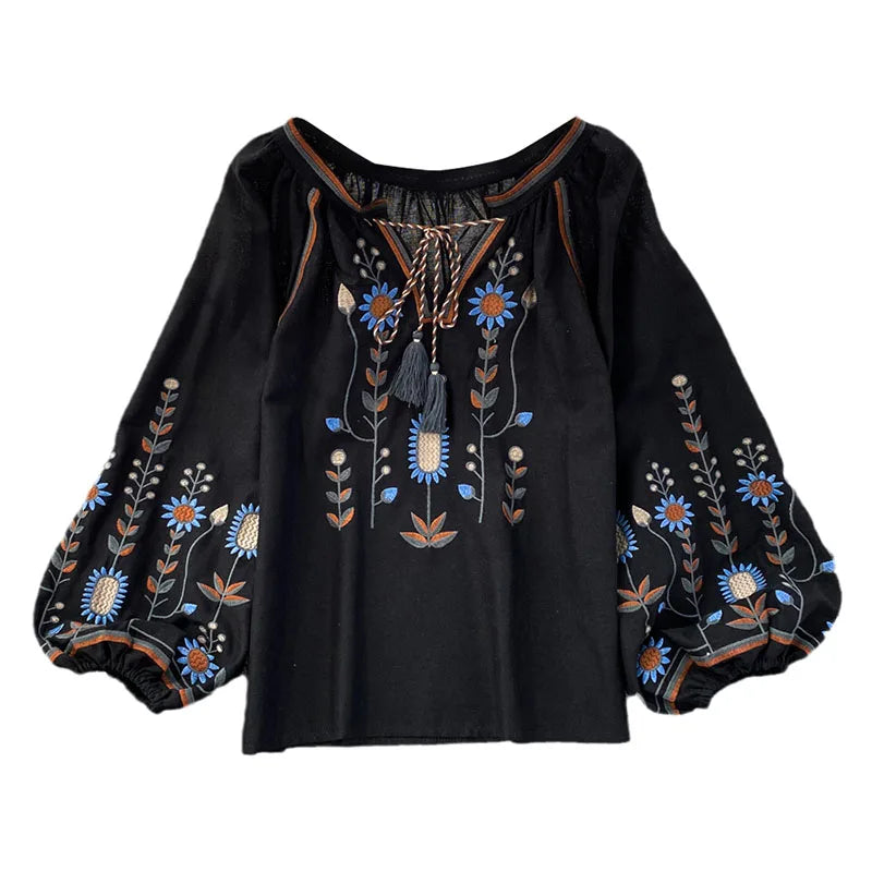 Women Spring Blouse Ethnic Style Retro Literature Loose Embroidered Cotton Linen Round Neck Pullover Shirt Casual Top D3549