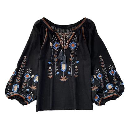 Women Spring Blouse Ethnic Style Retro Literature Loose Embroidered Cotton Linen Round Neck Pullover Shirt Casual Top D3549