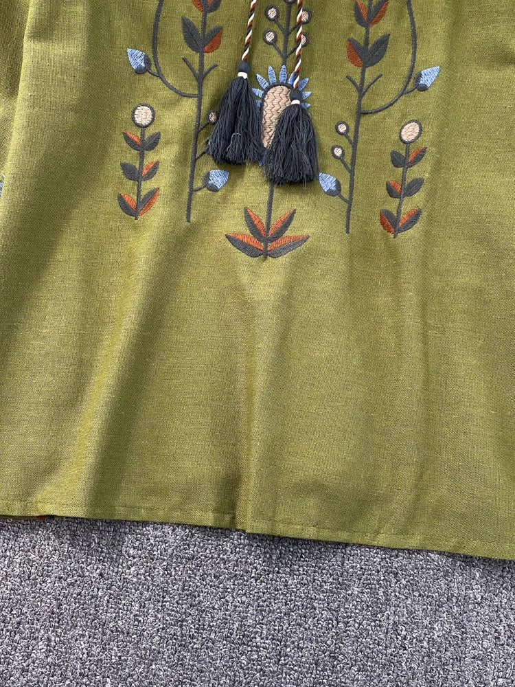 Women Spring Blouse Ethnic Style Retro Literature Loose Embroidered Cotton Linen Round Neck Pullover Shirt Casual Top D3549