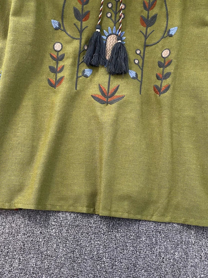 Women Spring Blouse Ethnic Style Retro Literature Loose Embroidered Cotton Linen Round Neck Pullover Shirt Casual Top D3549