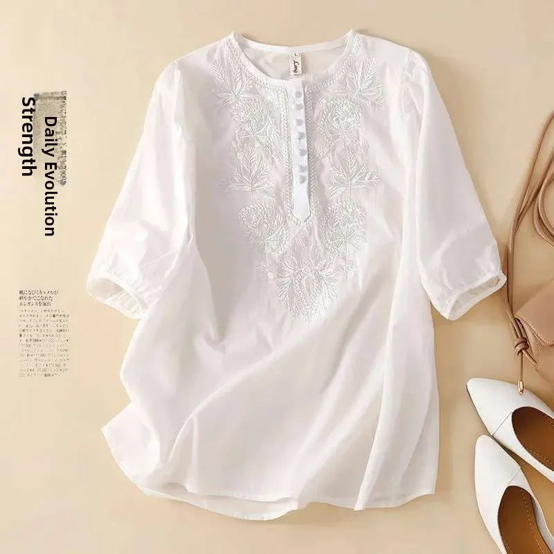 Summer New Artistic Retro Loose Design Embroidered Cleanfit round Ne ort Sve Ladies T-irt Linen Fabric Plant Floral