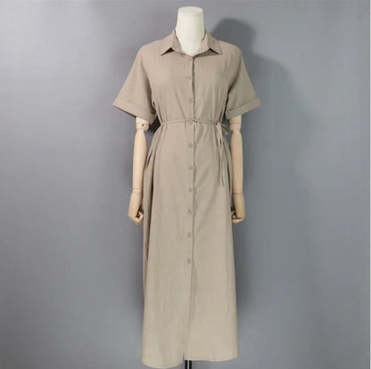 Cotton Linen Women Long Dresses Female New Fashion Loose Clothes Ladies Short Sleeve Turn down Collar Commuting Loose Cardigan