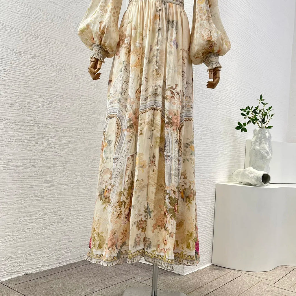 Re-tro 2026 Linen Silk Beige Floral Print Long Sleeve Dress