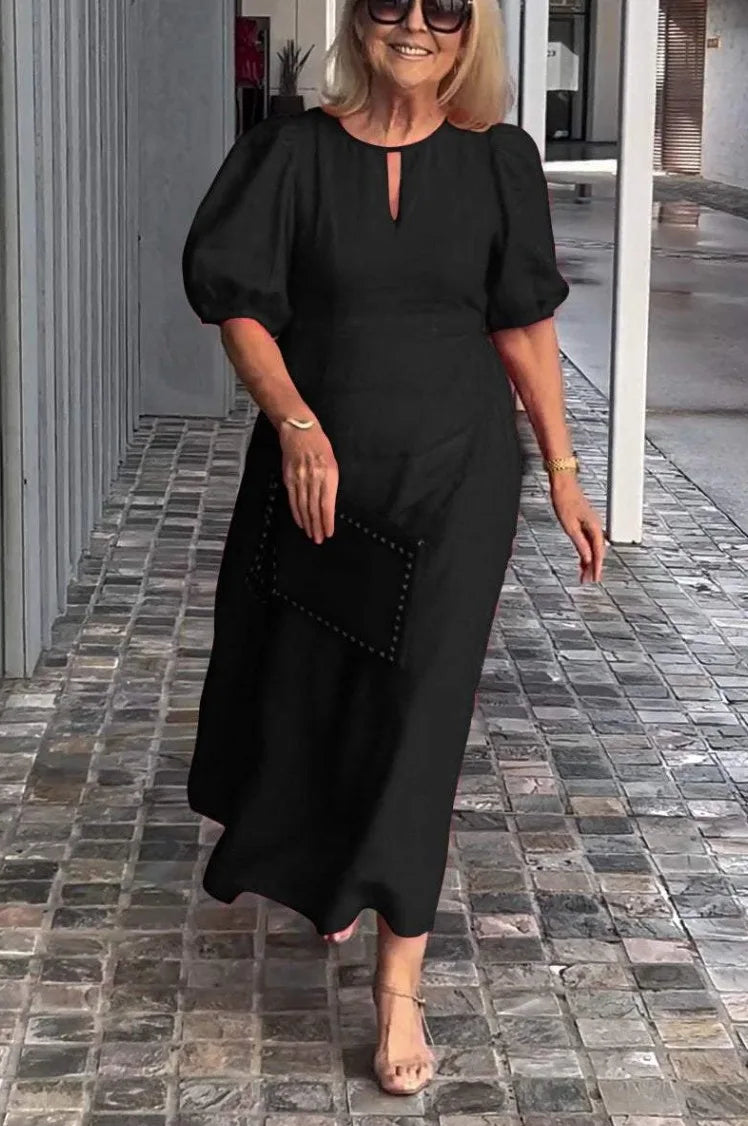 Summer Linen Dress for Women 2024 Casual Puff Sleeve Hollow Out Neck Party Ruffle Dresses Sundress Women