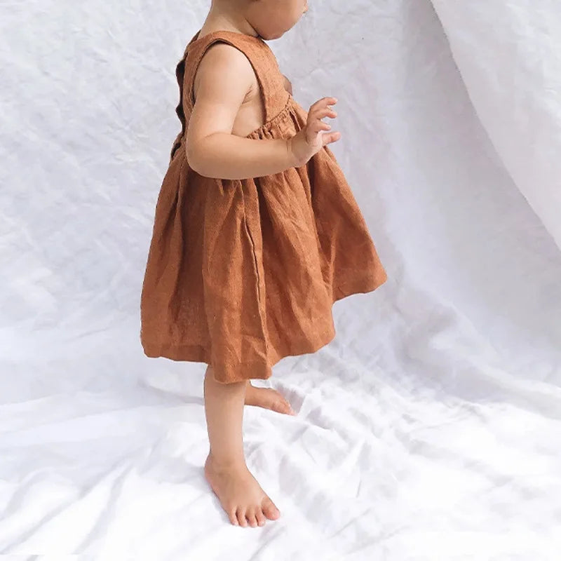 Linen Sleeveless Vest Dress Girls 2026 Summer New Cute Sunshine Baby Girl Dress Waist Pleated Round Neck Cotton Linen Dresses