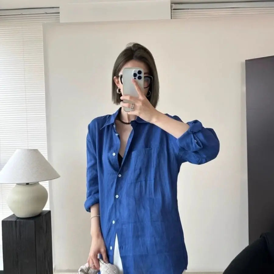 French linen long-sleeved shirt for women, summer thin loose cover-up sun protection top