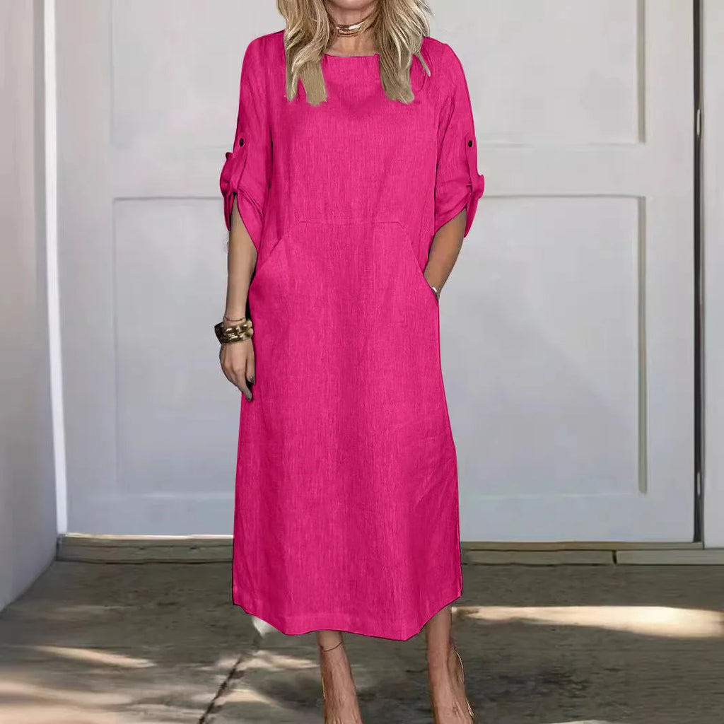New Women's Clothing 2024 Summer Loose Casual Solid Color Short Sleeved Cotton Linen Fashionable Button With Pocket Dress