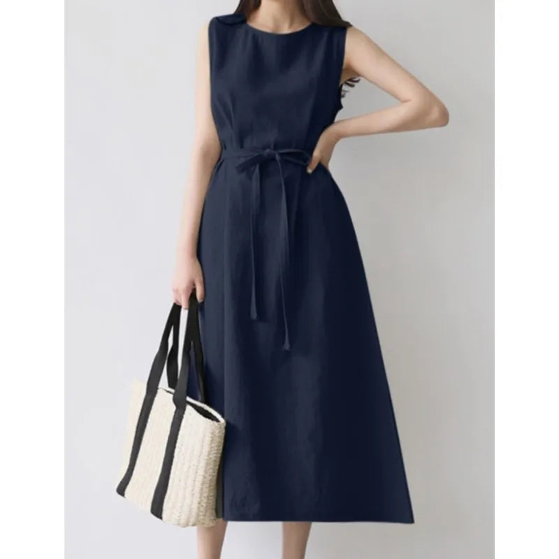Beige Cotton Linen Belted Long Sleeveless Dress