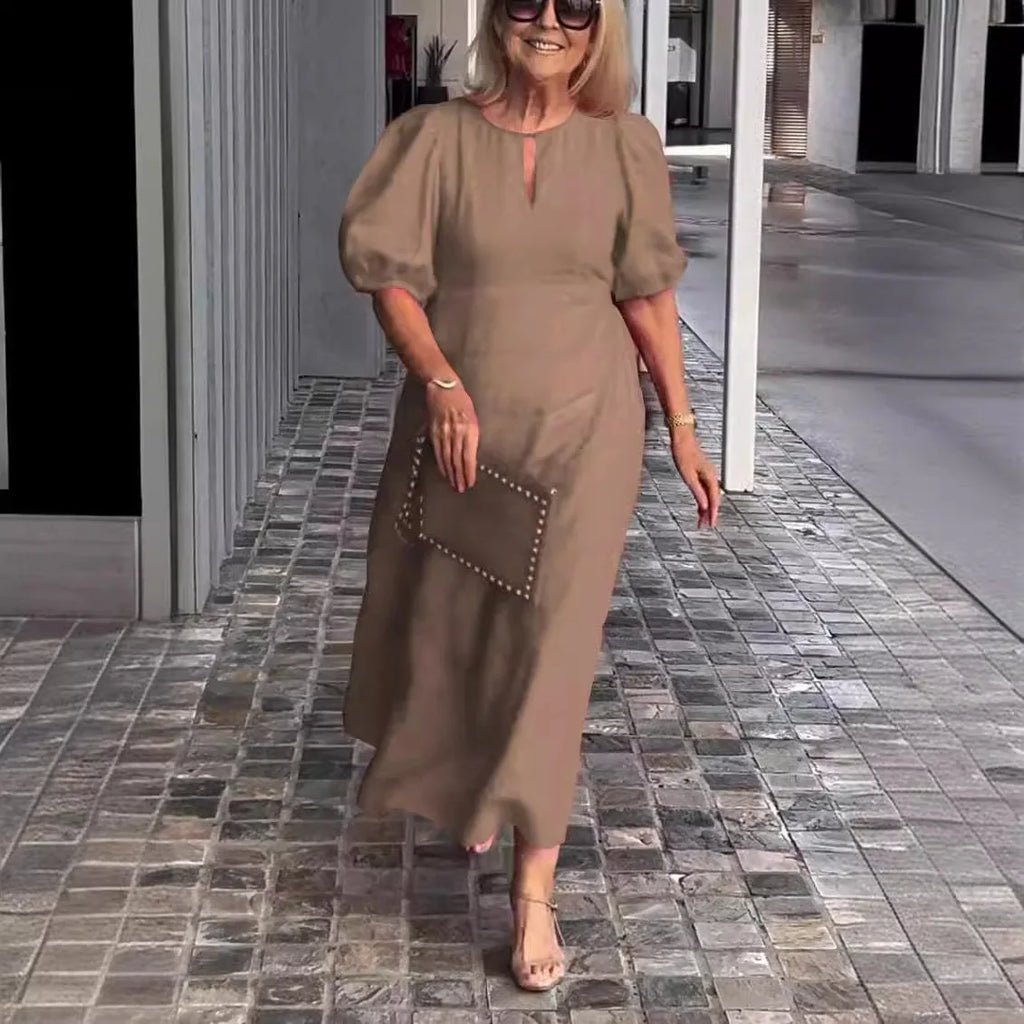Summer Linen Dress for Women 2024 Casual Puff Sleeve Hollow Out Neck Party Ruffle Dresses Sundress Women