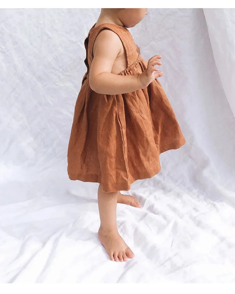 Linen Sleeveless Vest Dress Girls 2026 Summer New Cute Sunshine Baby Girl Dress Waist Pleated Round Neck Cotton Linen Dresses