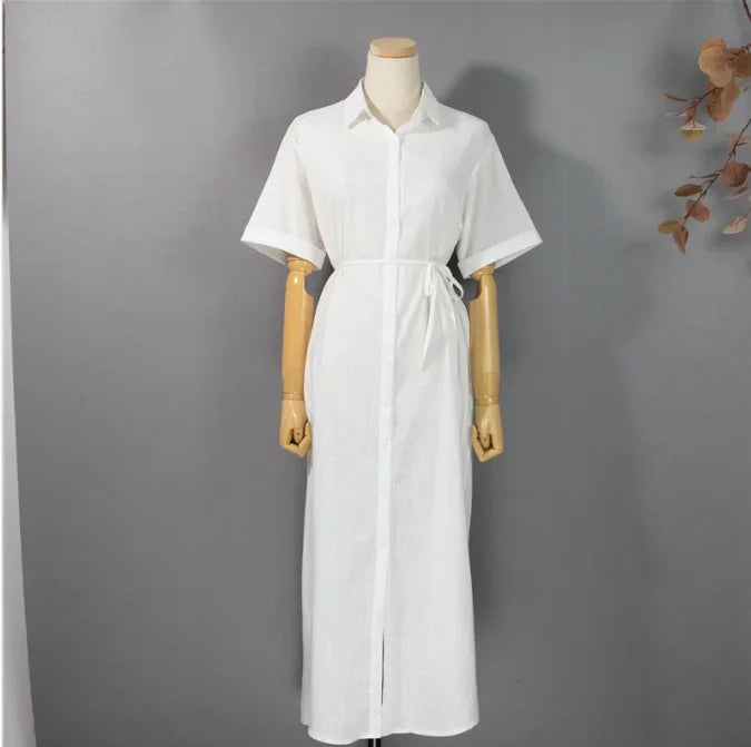 Cotton Linen Women Long Dresses Female New Fashion Loose Clothes Ladies Short Sleeve Turn down Collar Commuting Loose Cardigan