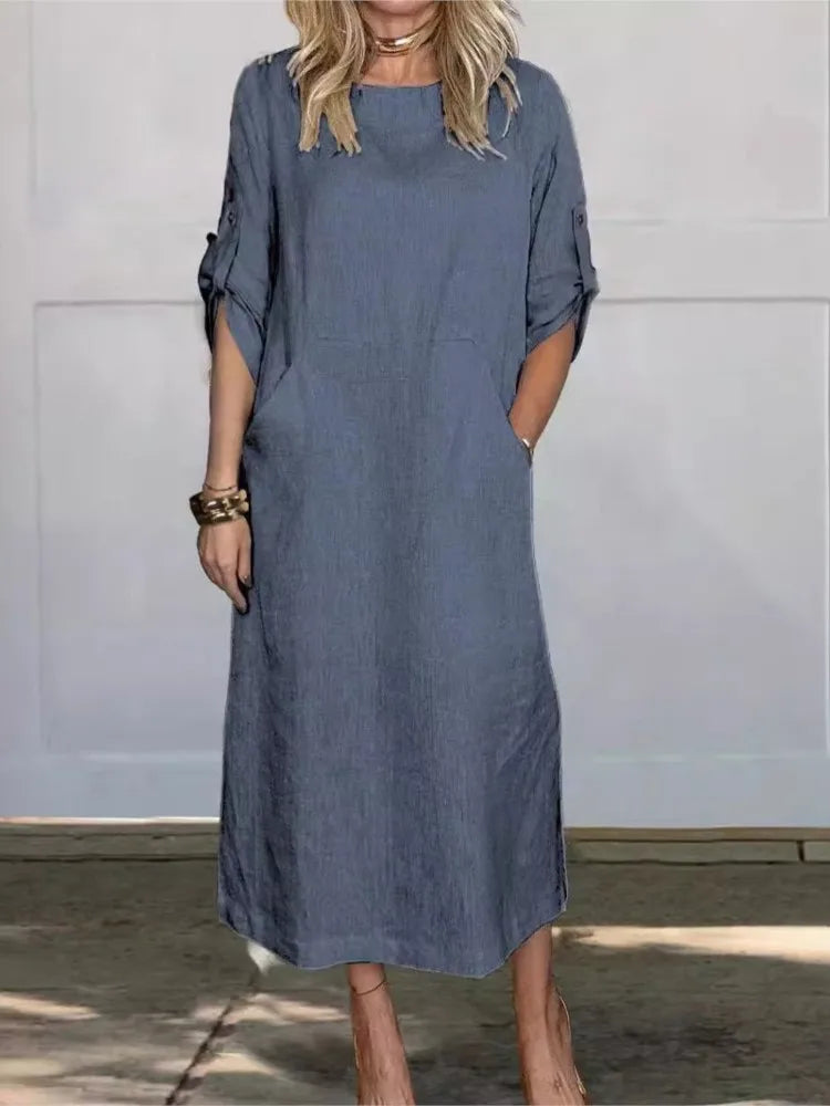 New Women's Clothing 2024 Summer Loose Casual Solid Color Short Sleeved Cotton Linen Fashionable Button With Pocket Dress