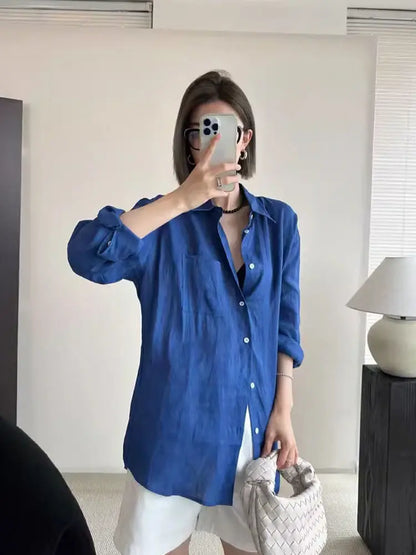 French linen long-sleeved shirt for women, summer thin loose cover-up sun protection top