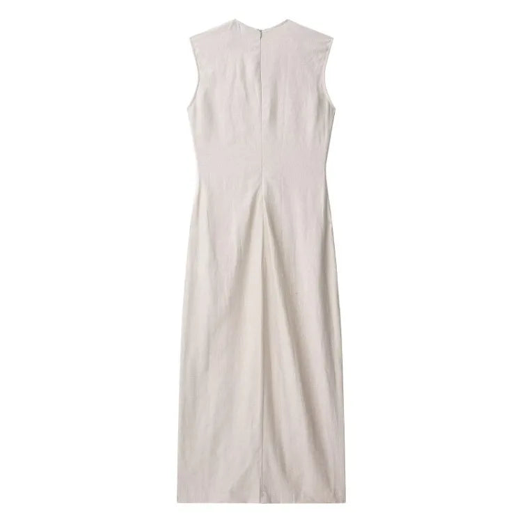 Elegant Linen Blend Belted Sleeveless Midi Dress