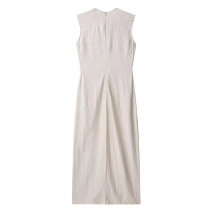 Elegant Linen Blend Belted Sleeveless Midi Dress