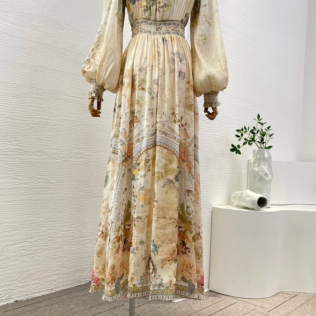 Re-tro 2026 Linen Silk Beige Floral Print Long Sleeve Dress