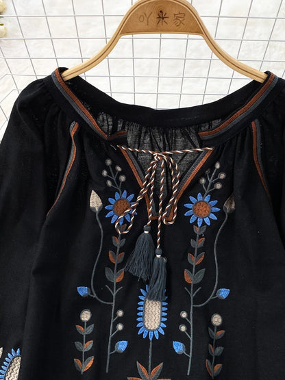 Women Spring Blouse Ethnic Style Retro Literature Loose Embroidered Cotton Linen Round Neck Pullover Shirt Casual Top D3549
