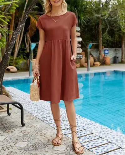 Cotton Linen Dress For Women Summer Casual Splicing Pocket Dresses Vestido Fashion Female Clothing Short Sleeve Loose Midi Dress