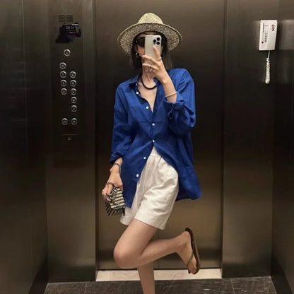 French linen long-sleeved shirt for women, summer thin loose cover-up sun protection top