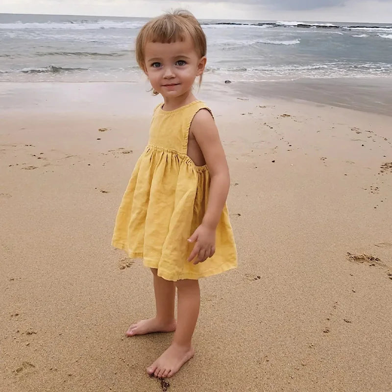 Linen Sleeveless Vest Dress Girls 2026 Summer New Cute Sunshine Baby Girl Dress Waist Pleated Round Neck Cotton Linen Dresses
