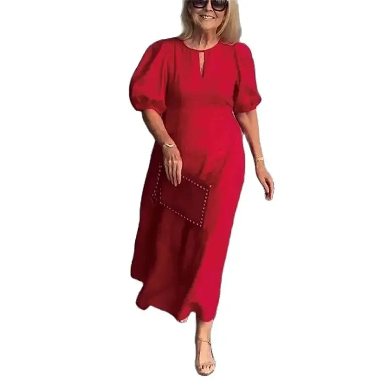 Women New Hollow Out O Neck Pullover Dresses Female Loose Casual Commuter Solid Color Gown Summer Bubble Short Sleeve Dress
