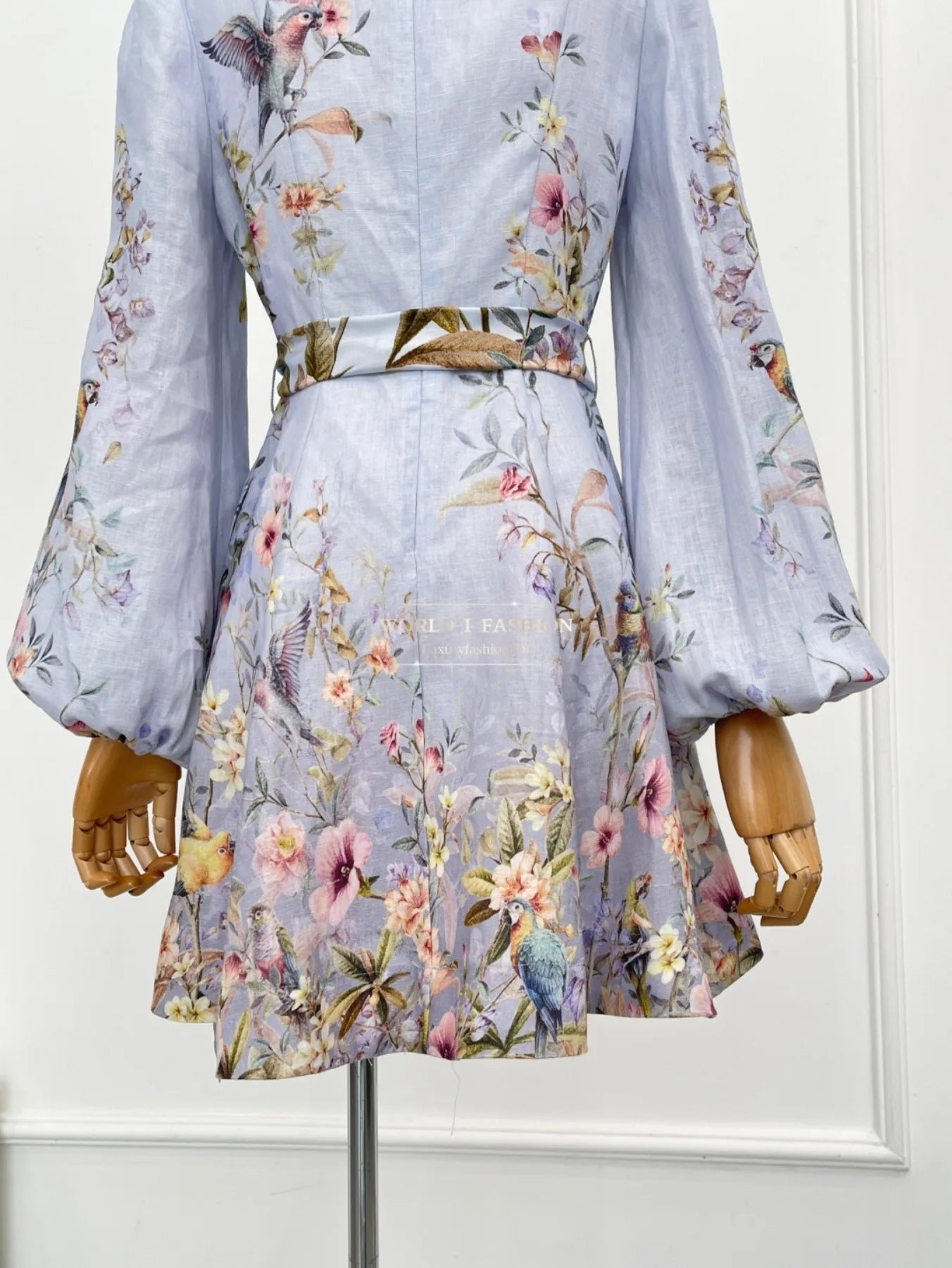 Linen Women Clothes Hight Quality Blue Floral Print Long Sleeve Self Bow Tie At Waist Mini Dress