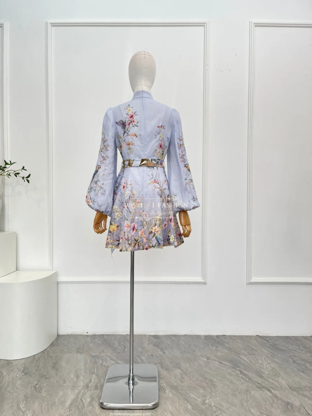 Linen Women Clothes Hight Quality Blue Floral Print Long Sleeve Self Bow Tie At Waist Mini Dress