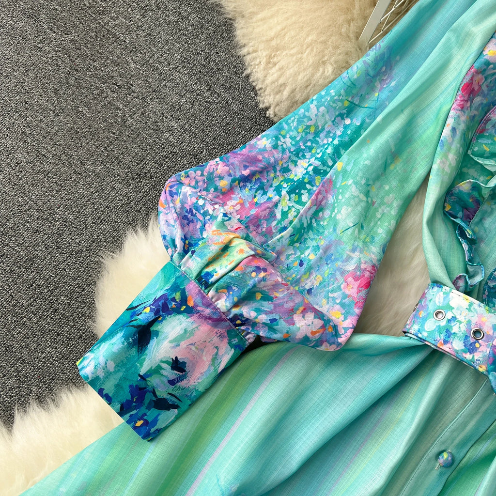 French Style Retro Fresh Print Chiffon Dress 2024 New Loose Elegant Slim Robe Stand Collar Single Breasted Long Sleeve Ropa