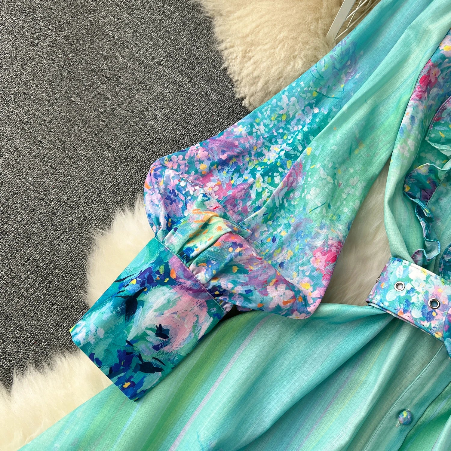 French Style Retro Fresh Print Chiffon Dress 2024 New Loose Elegant Slim Robe Stand Collar Single Breasted Long Sleeve Ropa