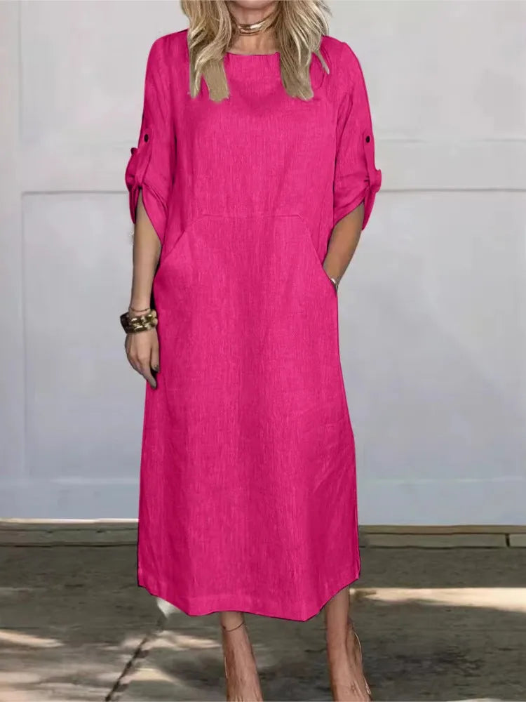 New Women's Clothing 2024 Summer Loose Casual Solid Color Short Sleeved Cotton Linen Fashionable Button With Pocket Dress