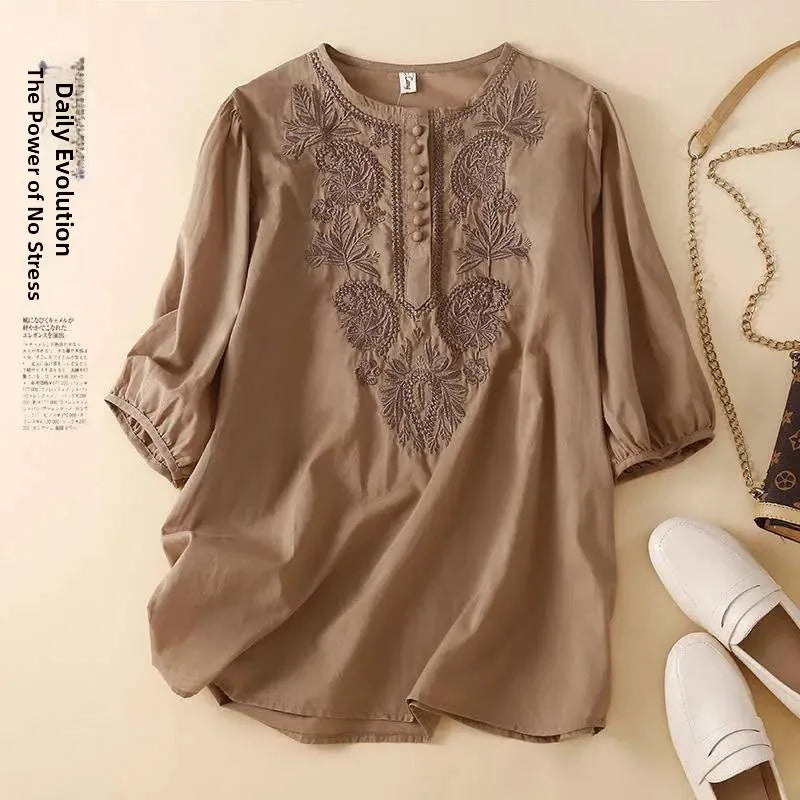 Summer New Artistic Retro Loose Design Embroidered Cleanfit round Ne ort Sve Ladies T-irt Linen Fabric Plant Floral