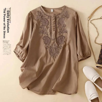 Summer New Artistic Retro Loose Design Embroidered Cleanfit round Ne ort Sve Ladies T-irt Linen Fabric Plant Floral