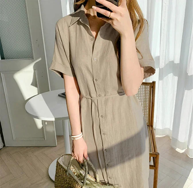 Cotton Linen Women Long Dresses Female New Fashion Loose Clothes Ladies Short Sleeve Turn down Collar Commuting Loose Cardigan