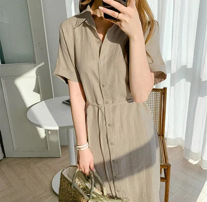 Cotton Linen Women Long Dresses Female New Fashion Loose Clothes Ladies Short Sleeve Turn down Collar Commuting Loose Cardigan