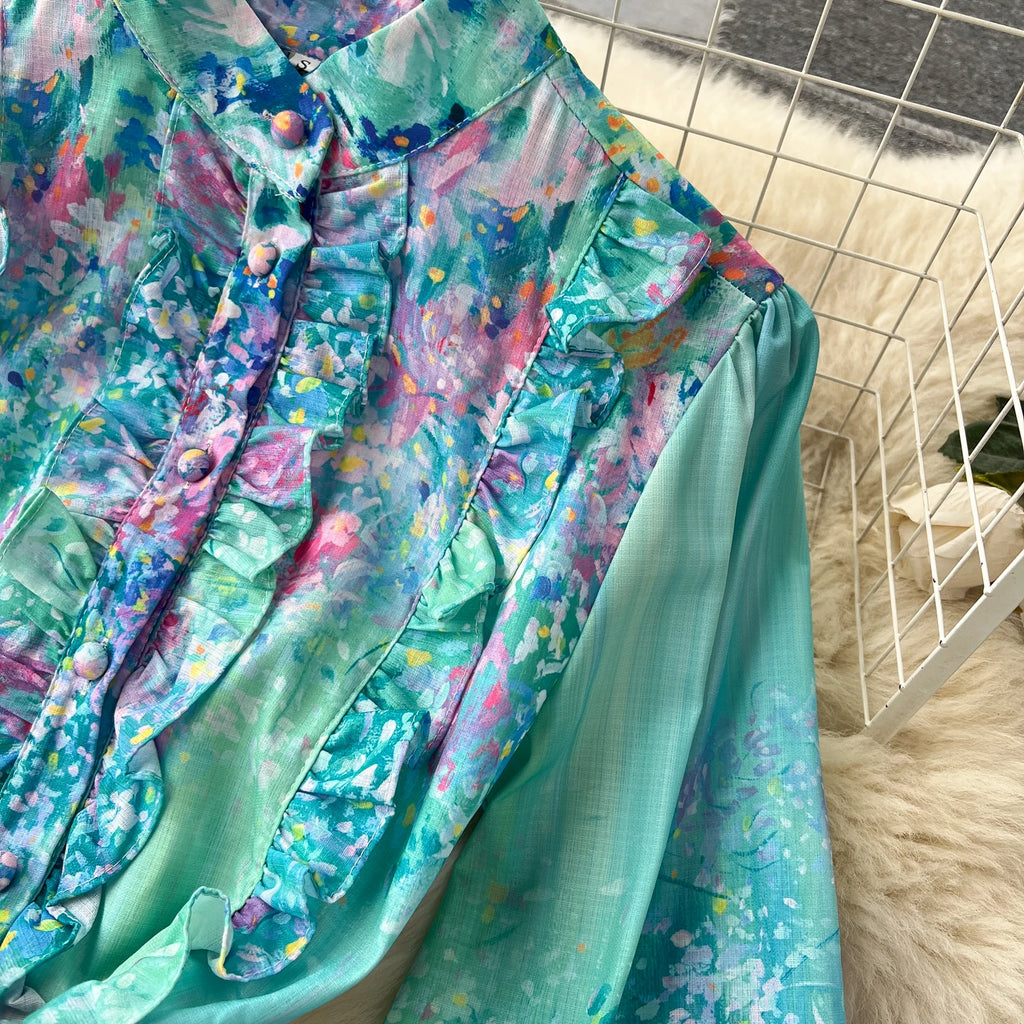 French Style Retro Fresh Print Chiffon Dress 2024 New Loose Elegant Slim Robe Stand Collar Single Breasted Long Sleeve Ropa